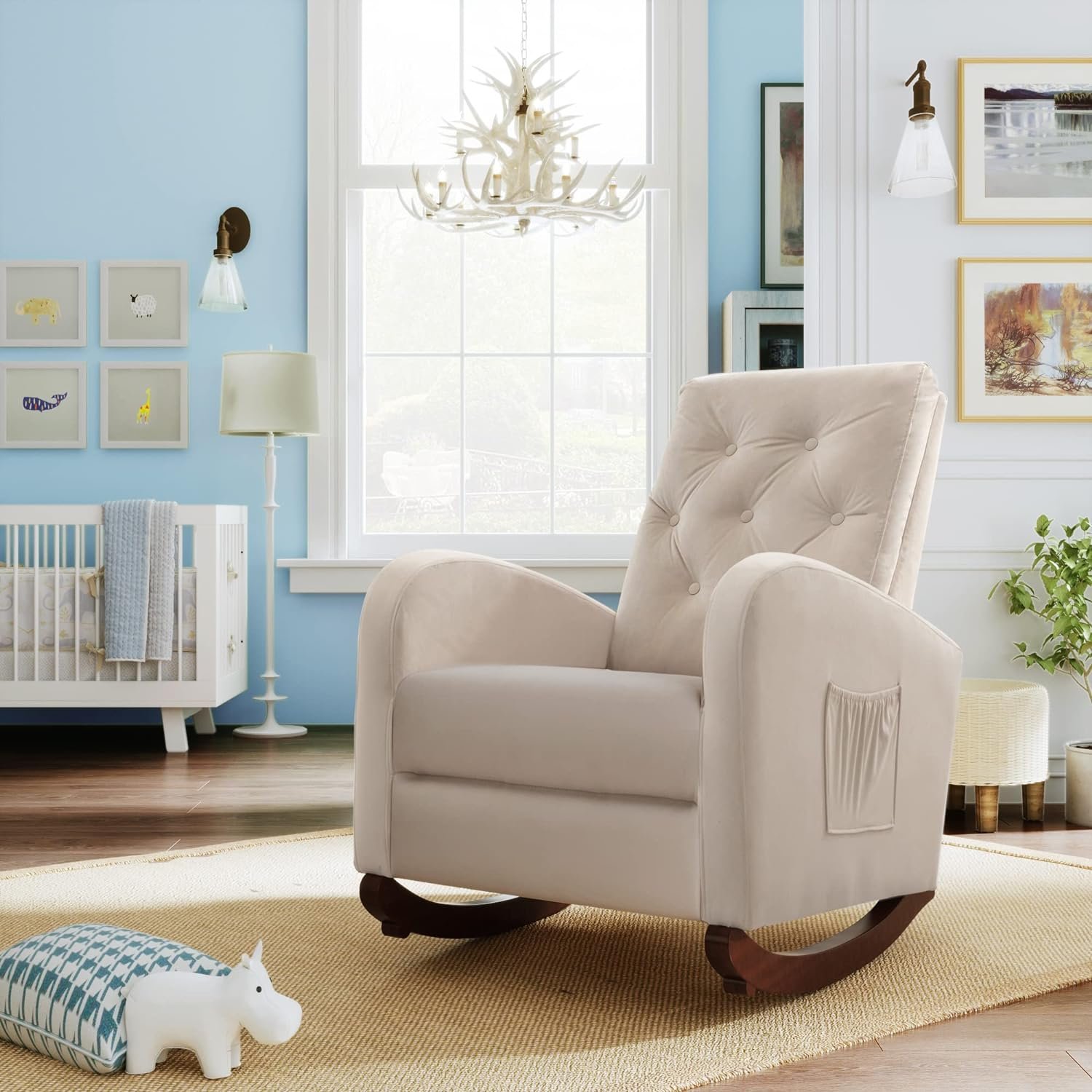 Rocking Chair Glider Chair for Nursery Comfortable Rocker Fabric Padded Seat with Side Pocket Upholstered Rocking Chairs with High Back for Living Room, Bedroom (Beige)