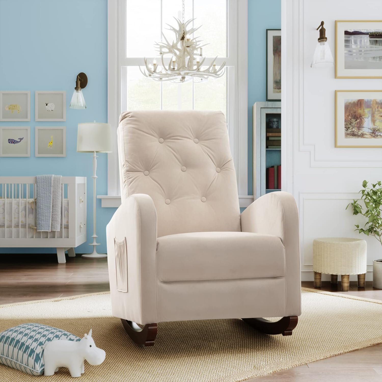 Rocking Chair Glider Chair for Nursery Comfortable Rocker Fabric Padded Seat with Side Pocket Upholstered Rocking Chairs with High Back for Living Room, Bedroom (Beige)