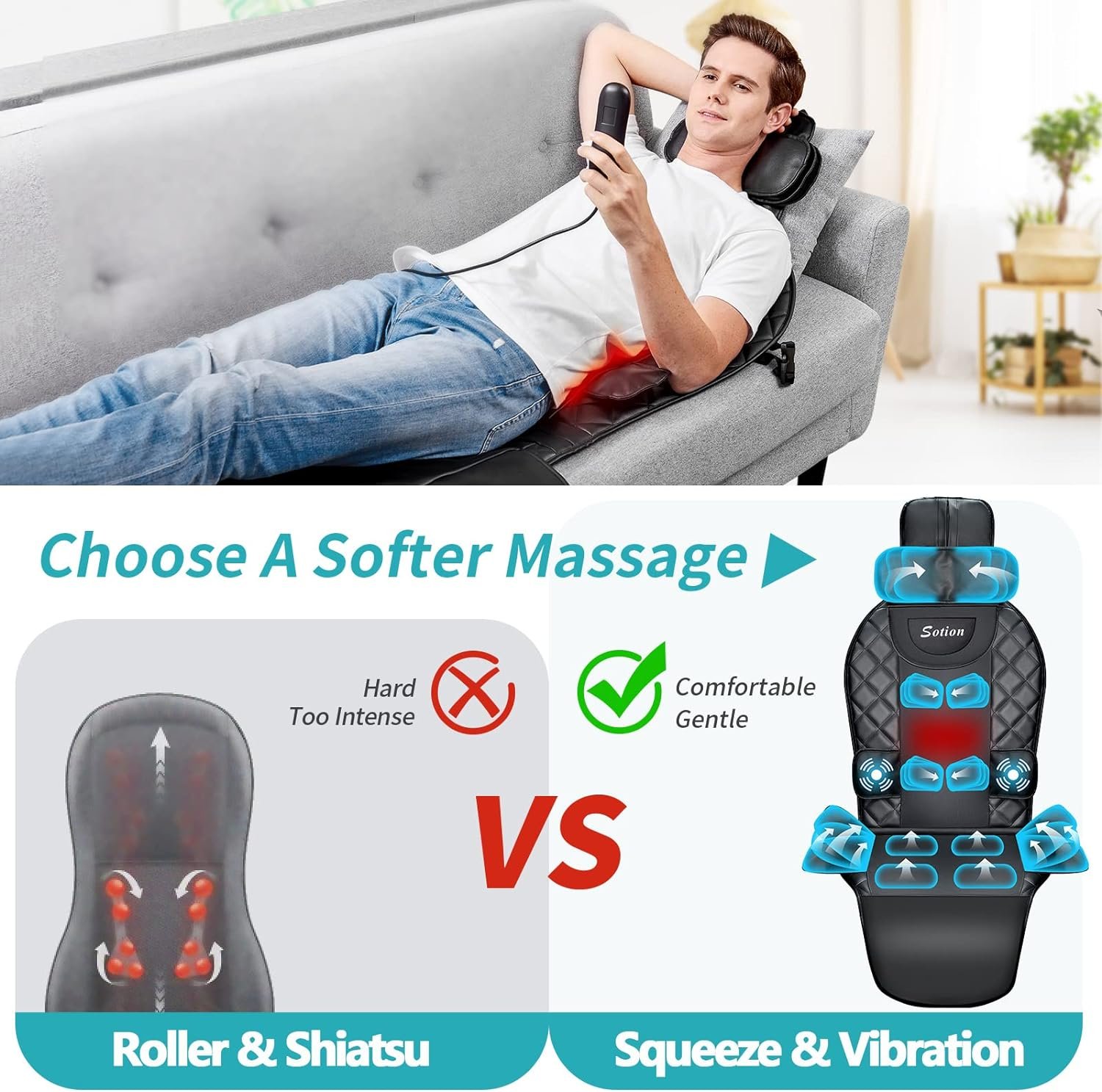 Sotion Neck Back Massager Chair Pad with Heat for Back Pain, Height Adjustable Vibration Chair Massager Seat Cushion for Home Office Gifts for Mom Dad