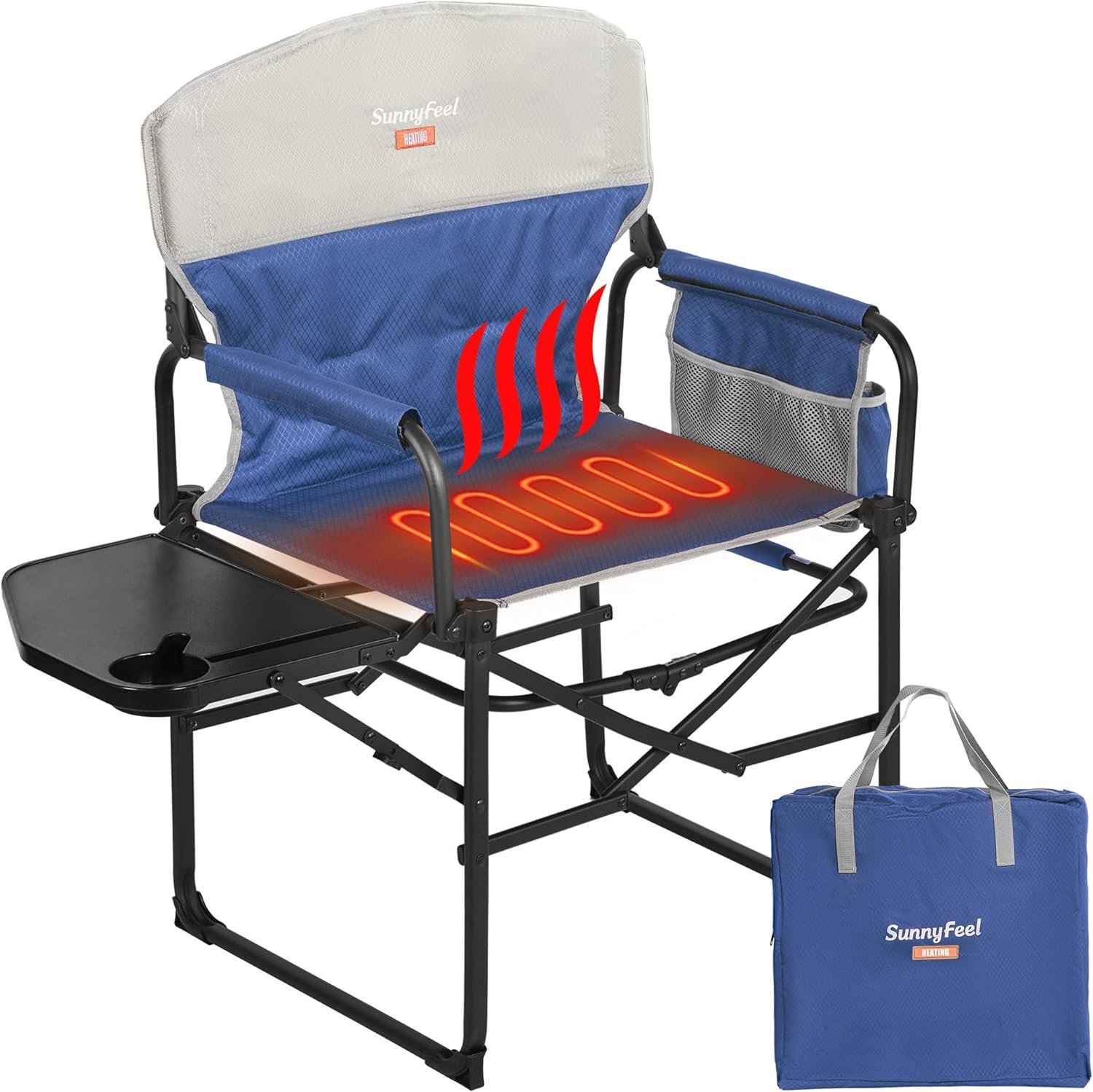 SUNNYFEEL Heated Camping Directors Chair for Adults Heavy Duty, Portable Compact Folding Camp Lawn Chair with Side Table for Fishing/Outdoor/Travel/Picnic/Concert,Foldable Makeup Artist Chair