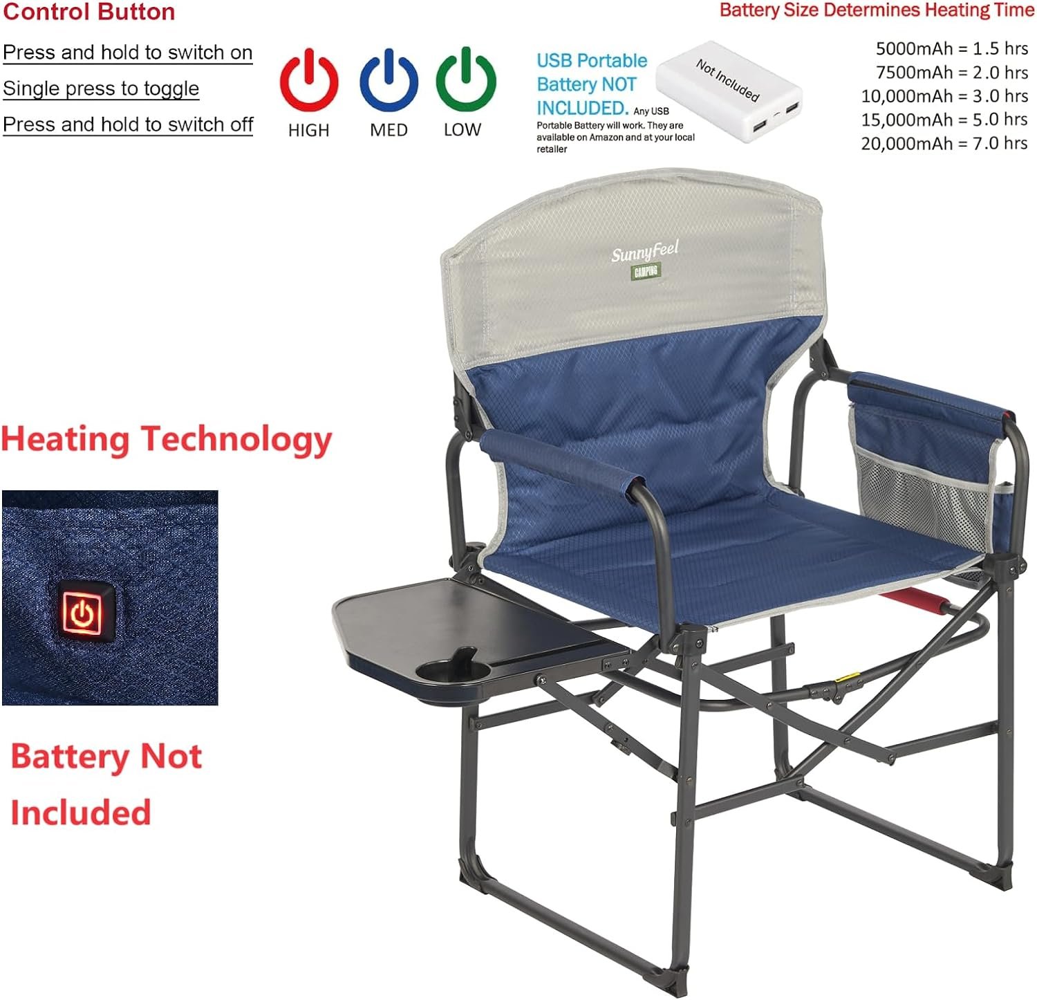 SUNNYFEEL Heated Camping Directors Chair for Adults Heavy Duty, Portable Compact Folding Camp Lawn Chair with Side Table for Fishing/Outdoor/Travel/Picnic/Concert,Foldable Makeup Artist Chair