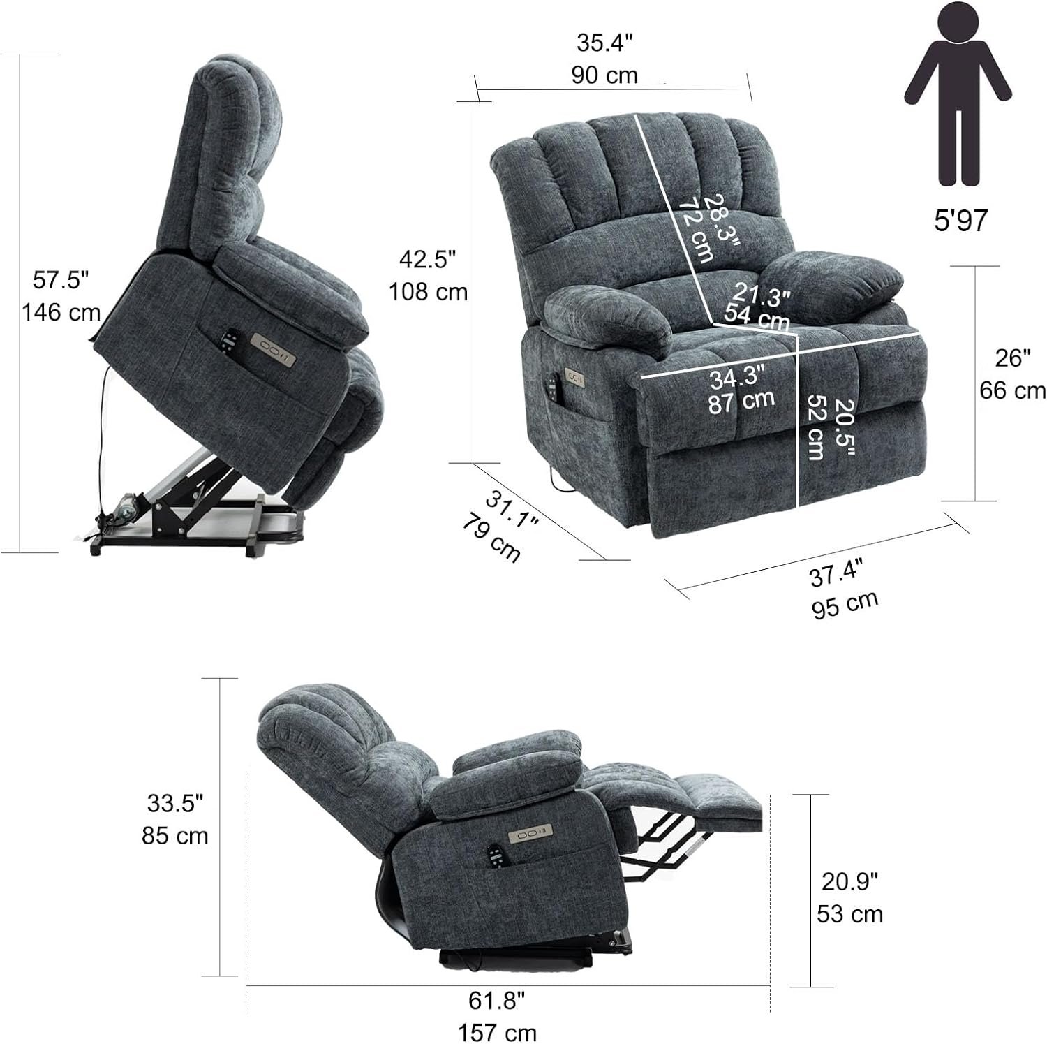 Trustyue 2023 Power Lift Recliner Chair with Massage and Heat, Overstuffed Wide Lift Chair, Upgraded OKIN Motor, Max 155° Reclining, Standing Assistance for Elderly, USB-A  USB-C, Brown Chenille