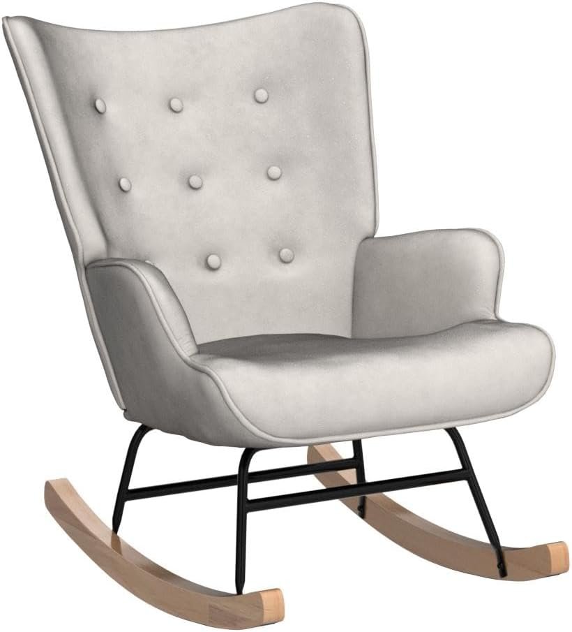 Wahson Glider Rocking Armchair with Tufted High Wingback Chenille Leisure Rocker Recliner Chair with Upholstered Comfy Cushion for Nursery/Indoor/Living Room/Bedroom, Beige