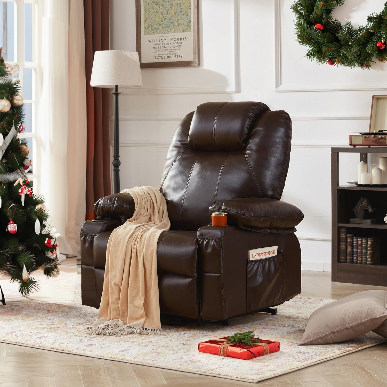 Weture Power Lift Recliner Chair with Massage and Heat for Elderly, Leather Electric Recliner Chair with Cup Holders and USB Port, Big Oversized Recliner Chair for Seniors (Leather, Brown)