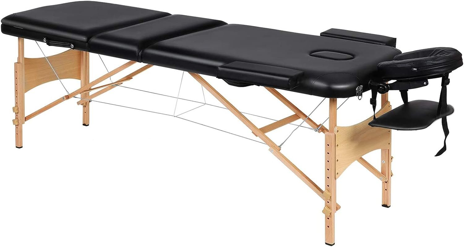 NA Folding Massage Table Professional Portable Massage Bed with 3 Sections Wooden Ergonomic Headrest for Therapy Tattoo Salon Spa Facial Treat